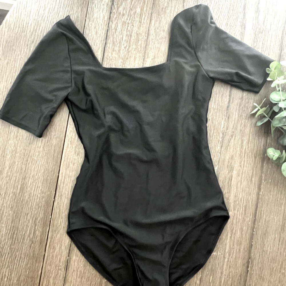 Black Short Sleeve One Piece Swimsuit - Modest
